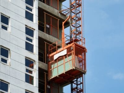 Material hoist construction equipment lifting building supplies along high-rise scaffolding on a commercial site