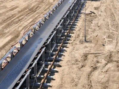 Industrial belt conveyor material system installed on a construction site with empty rollers and steel supports in view