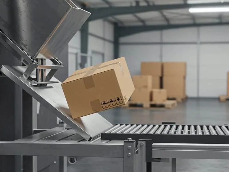 A cardboard box sliding onto a roller belt inside a warehouse, showing Industrial Conveyor Systems in action.