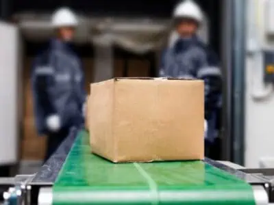 Cardboard box on a green warehouse conveyor belt with two workers in safety gear in the background