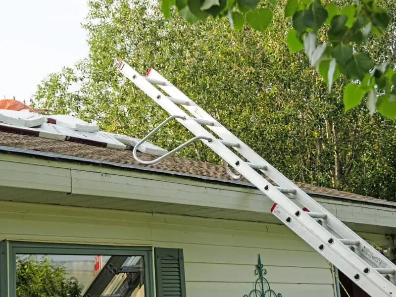 Ladder placed on residential roof illustrating affordability of ladder rental cost.