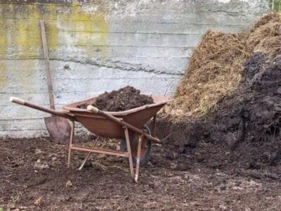 Manual soil transport with wheelbarrow and shovel beside a soil pile